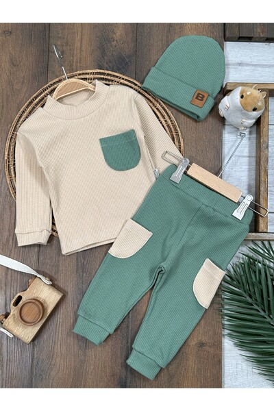 BEBENDY حياكة مضلعة طقم أطفال للأولاد مكون من 3 قطع مع تفاصيل جيب مرنة من نوع...