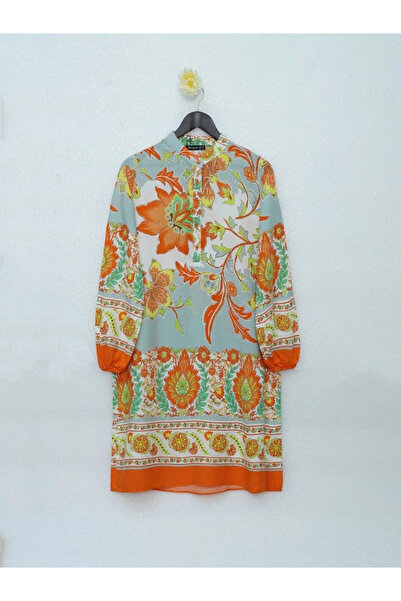 nedo7 Floral Patterned Half Button Cotton Viscose Tunic -Orange