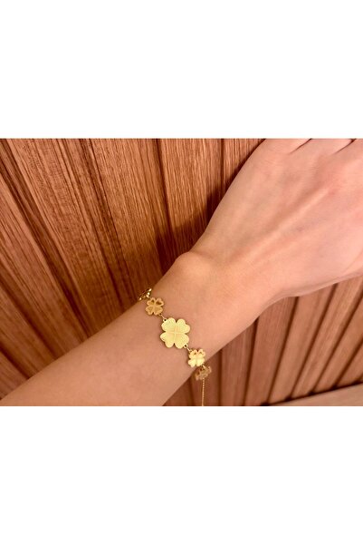 Çelik Altın Renkli Dört Yapraklı Yonca Bileklik