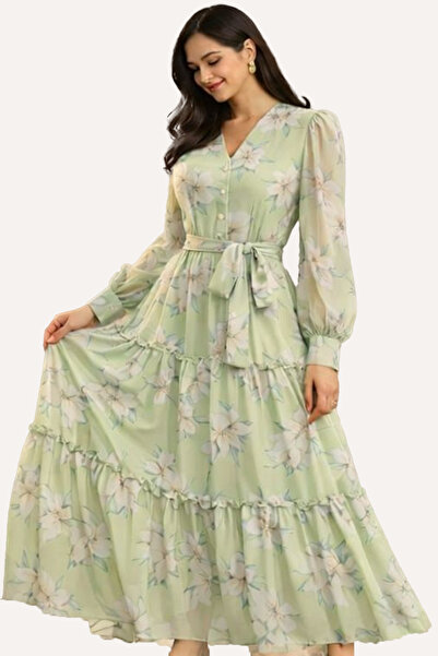 Stylish فستان ستايلش شيفون انيق مورد باللون الاخضر