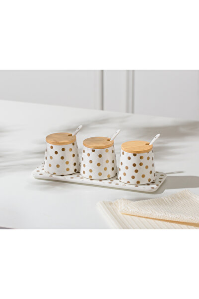 Malooki Set of 3 Porcelain Spice Containers, Bamboo Lids and Tray - Dotted Co...