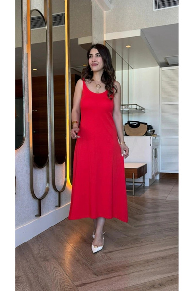 nedo7 فستان فيسكوز برقبة دائرية وحزام للنساء