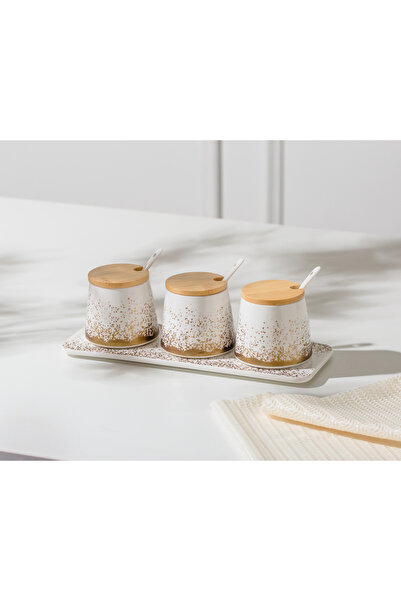 Malooki Set of 3 Porcelain Spice Containers, Bamboo Lids and Tray - Snowing C...