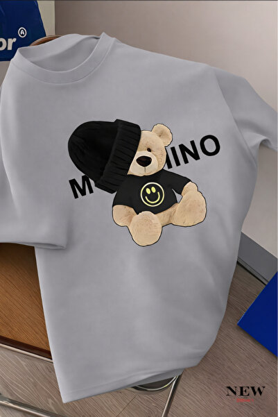 New Shine Black and White Teddy Bear Printed Oversized T-Shirt