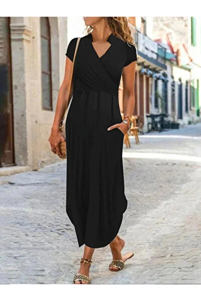 nedo7 فستان فيسكوز نسائي بأكمام قصيرة ورقبة على شكل حرف V