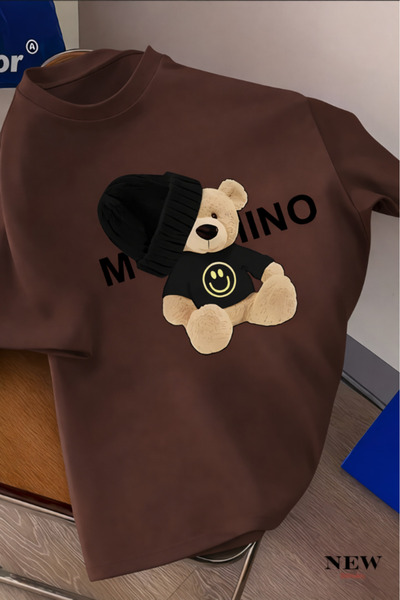 New Shine Black and White Teddy Bear Printed Oversized T-Shirt