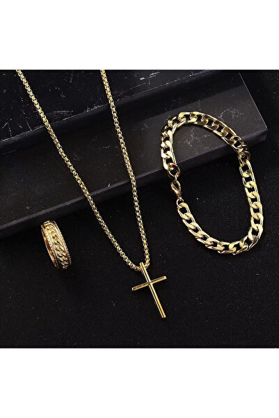 Kracer 18K Gold Plated, Stainless Steel Cross Necklace, Bracelet and Chain Ri...