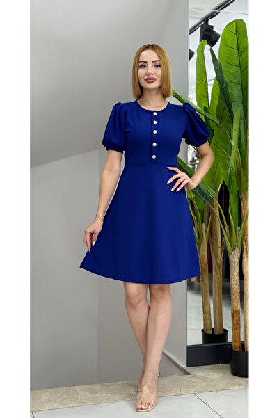 nedo7 فستان نسائي قصير الأكمام برقبة دائرية وأزرار أمامية مستورد من الكريب