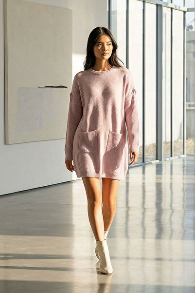 bacc Women's Pink Ribbed Crew Neck Mini Knit Dress Bchpk-251239