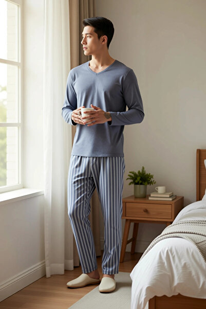 BENERLY Men's V-Neck Long Sleeve Regular Fit Striped Pajama Set Functional Du...