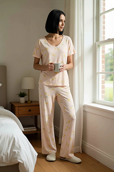 BENERLY Γυναικείο φλοράλ πλεκτό σετ πιτζάμες από σουέτ με λαιμόκοψη V και καν...