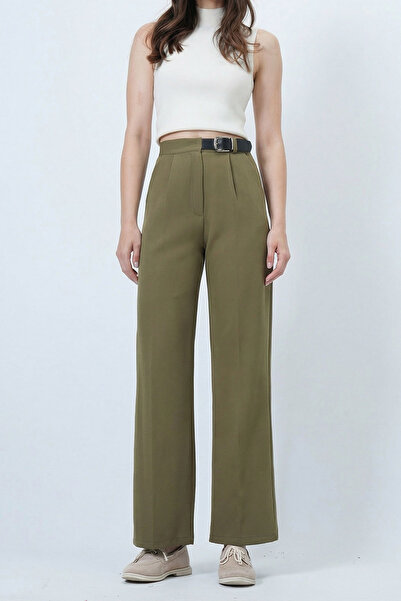 bacc Women's Khaki Belted Button Closure Double Pocket Palazzo Pants Bchav-25...