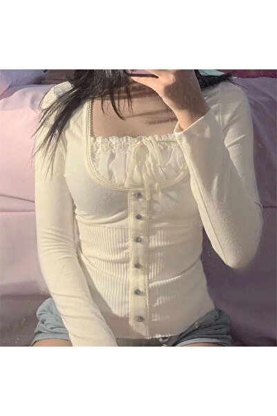 harmony factory Cream Button and Ribbon Detailed Lace Collar Long Sleeve Blouse