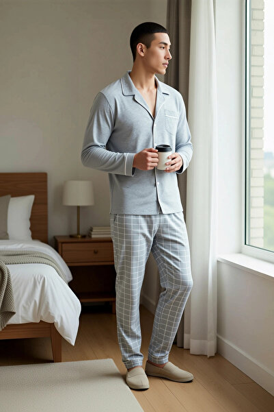 BENERLY Men's Shirt Collar Standard Sleeve Regular Fit Plaid Pattern Pajama S...