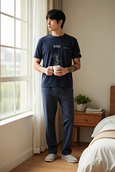 BENERLY Men's Crew Neck Standard Sleeve Striped Pajama Set Regular Fit Functi...