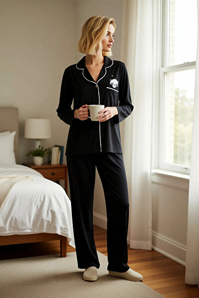 BENERLY Γυναικείο πουκάμισο με γιακά με μακριά μανίκια και στάμπα Panda, σε μ...