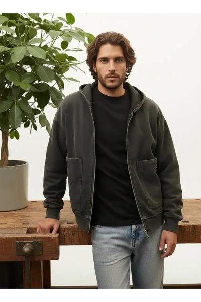 CANMODA Hanorac în stil coreean, nou spălat, afumat, supradimensionat, cu buz...