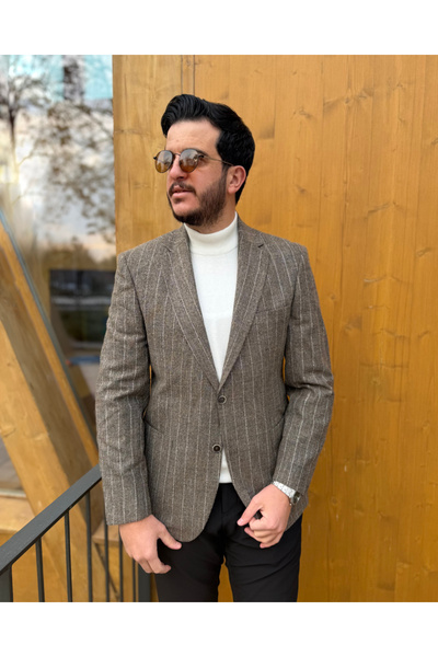Avni Ceylan Men's Premium Brown Pinstripe Blazer Jacket