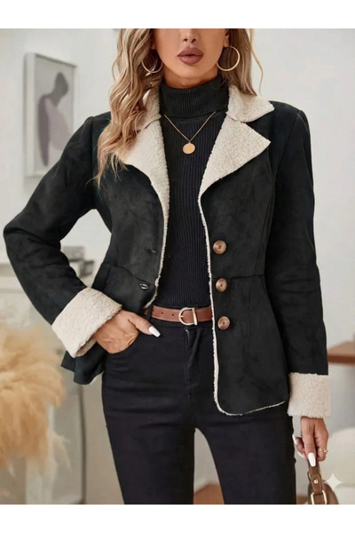 nedo7 Women's Long Sleeve Front Buttoned Pocket Detailed Short Suede Jacket