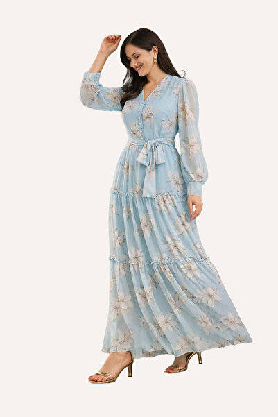 Stylish فستان ستايلش شيفون انيق مورد باللون السماوي