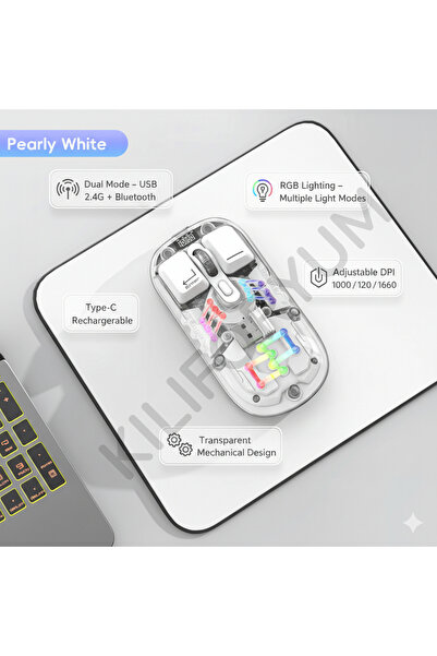 Kılıforyum Şarjlı Kablosuz Mouse RGB Işıklı Şeffaf Bluetooth + USB Telefon Ta...