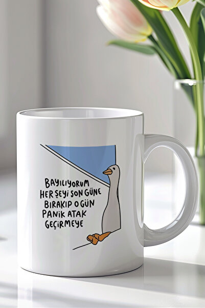 YasBey DESIGN Mizahi Yazılı 330ml Baskılı Beyaz Porselen Kupa Bardak
