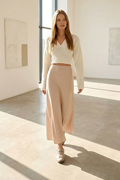 bacc Women's Beige High Waist Basic Satin Skirt Bchca-251231