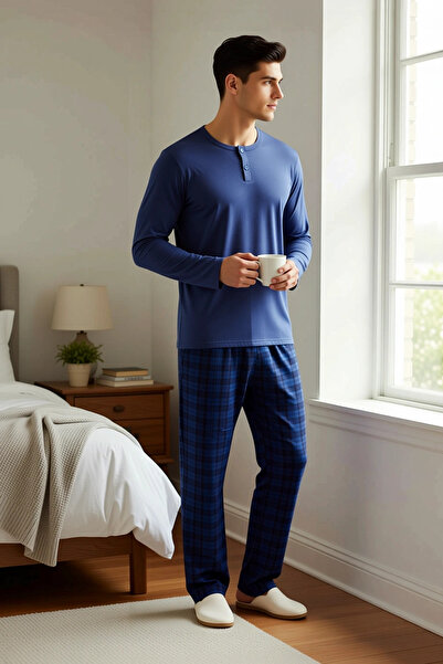 BENERLY Ανδρικό σετ πιτζάμες με κουμπωτό γιακά και μακρυμάνικο καρό παντελόνι...