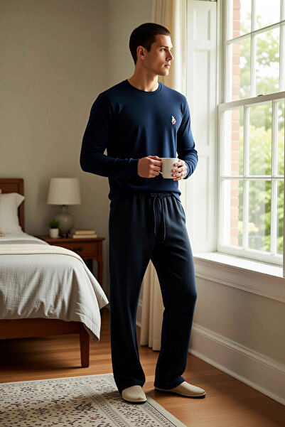 BENERLY طقم بيجامة رجالي محبوك بياقة دائرية وأكمام قياسية مع تطريز حيواني، عم...