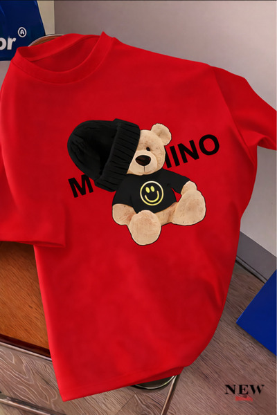 New Shine Black and White Teddy Bear Printed Oversized T-Shirt