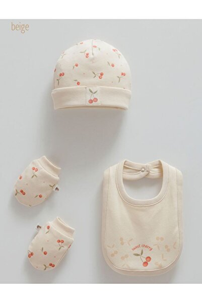 Caramell İncibaby 100% Cotton Sweet Cherry Baby Girl Set of 3 (Hat, Bib, Glov...