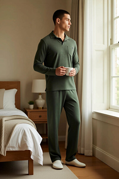 BENERLY Men's Polo Neck Long Sleeve Regular Fit Textured Knitted Pajama Set