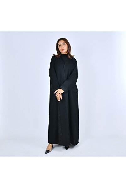 LAMHA عباية سوداء لف مع تداخل قماش منقش راقي