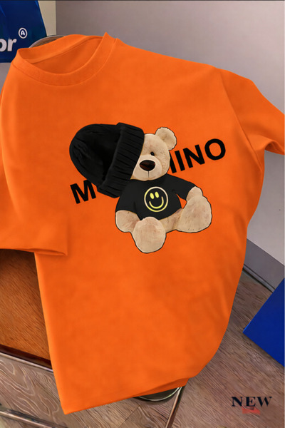 New Shine Black and White Teddy Bear Printed Oversized T-Shirt