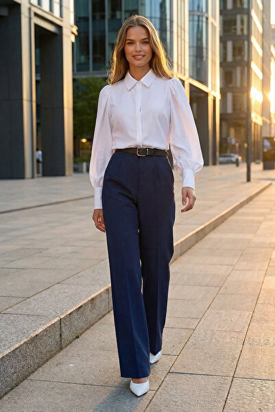 bacc Women's Navy Blue Belted Button Closure Double Pocket Palazzo Pants Bcha...