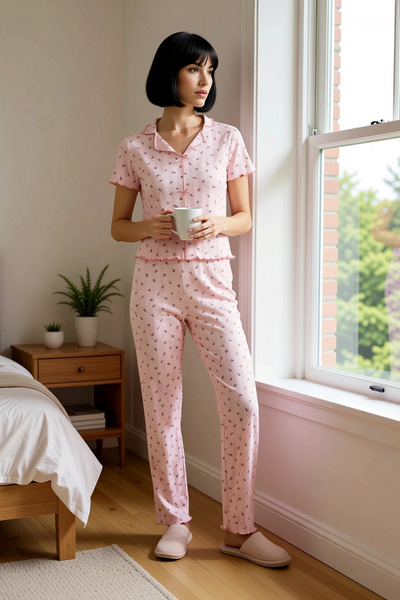BENERLY Women's V-Neck Short Sleeve Floral Pointel Knitted Pajama Set Functio...