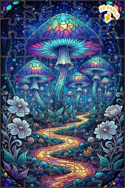 Teona Ahşap لغز خشبي مؤطر بطبقتين بتصميم فن الزجاج الملون لغابة الفطر السحرية...