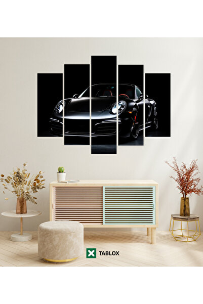 TABLOX 5 Parça Dekoratif Porsche 911 Araba Lüks Estetik Siyah MDF Tablo Seti