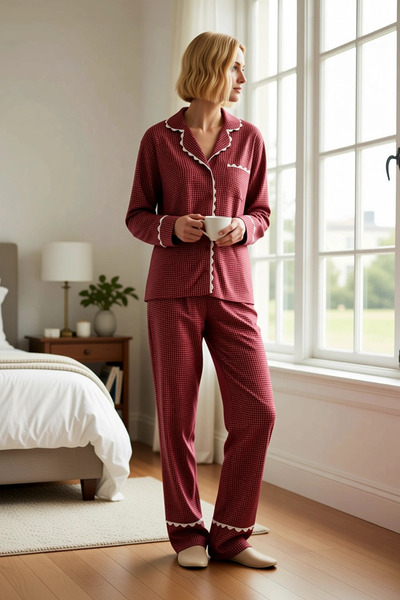 BENERLY Women's Shirt Collar Long Sleeve Regular Fit Shally Woven Pajama Set ...