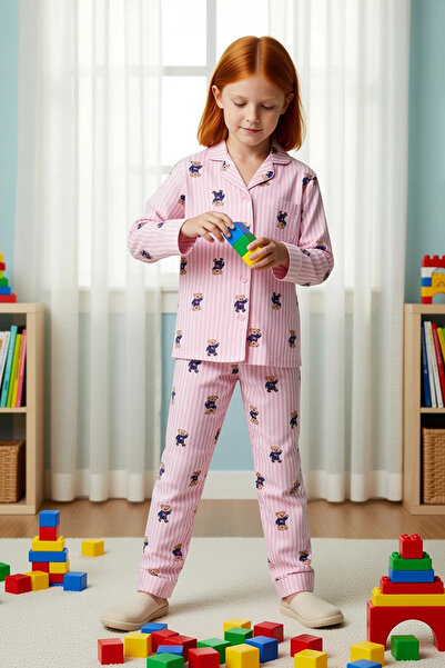 BENERLY طقم بيجامة للفتيات بياقة قميص وأكمام عادية وتصميم منتظم محبوك ومخطط