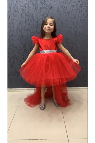 Sare Çocuk Giyim Children's Evening Dress with Tail Silver Angel Wings Red Tu...