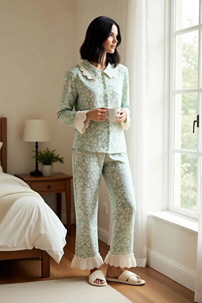 BENERLY Kadın Gömlek Yaka Uzun Kol Shally Dokuma Pijama Takımı Fonksiyonel Da...