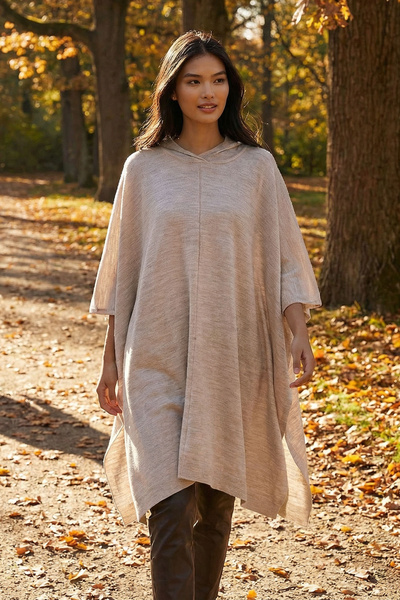 bacc Poncho tricotat Ecru cu glugă cu fantă pentru femei BCHPK-251245