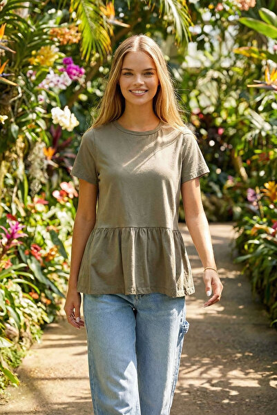 bacc Women's Khaki Waist-Length Flounce Crew Neck Blouse Bchpk-251247