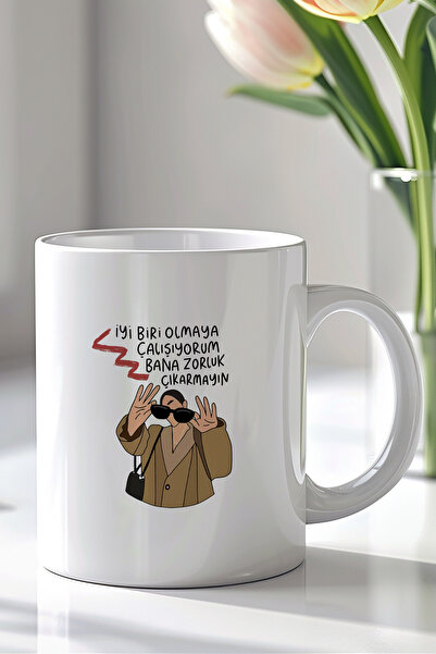 YasBey DESIGN Mizahi Yazılı 330ml Baskılı Beyaz Porselen Kupa Bardak