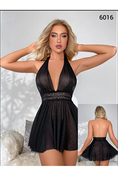 Beleng SİYAH SIRT DEKOLTELİ BOYUNDAN BAĞLI FANTEZİ GECELİK