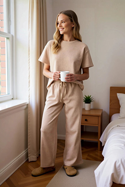 BENERLY Women's Crew Neck Standard Sleeve Waffle Knitted Pajama Set Functiona...