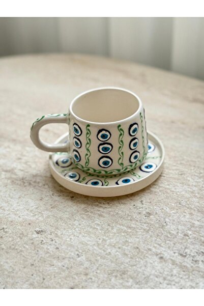 Home Nazar Boncuklu Çizgili Desenli El Yapımı Seramik Tabaklı Kupa Kahve Çay ...