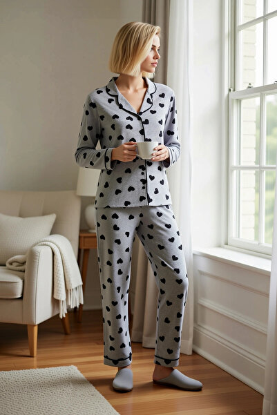 BENERLY Cămașă de damă cu guler, mânecă lungă, cu imprimeu, set de pijamale, ...