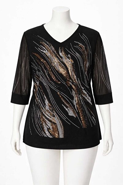 SOSA Plus Size Bronze Stone Embroidered Luxury Mother Combed Cotton 3/4 Sleeve